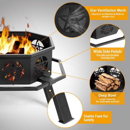 Large 35” Octagonal Fire Pit – Black Wrought Iron, Pentagram Cutouts, Foot Pedal Safety Ring