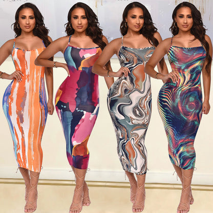 Fashion Sexy Digital Print Tight Strap Dress