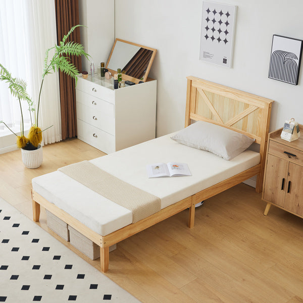 Slanted Headboard, No Footrest, Twin Wooden Bed In Natural Wood Color