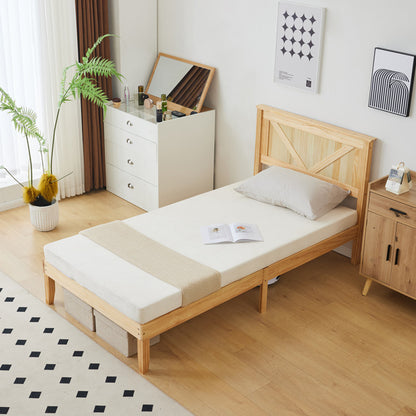 Slanted Headboard, No Footrest, Twin Wooden Bed In Natural Wood Color