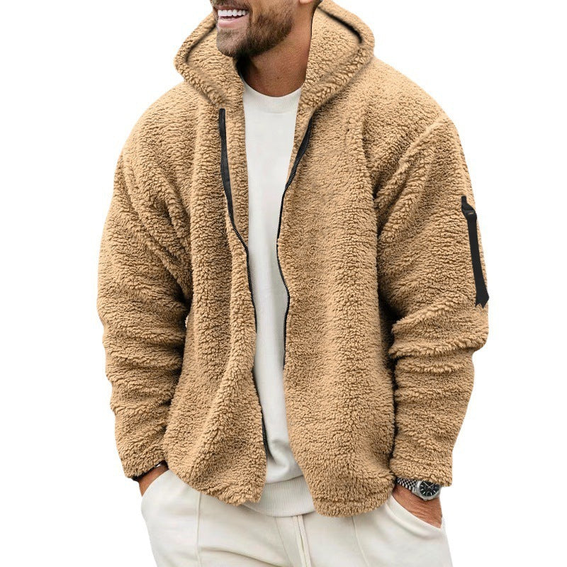 Plush Hooded Jacket Men's Autumn And Winter Fleece Double-sided Wear Warm Coat With Zipper Loose Casual Jacket Outdoor Clothing ShopWithASmile7.com