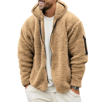 Plush Hooded Jacket Men's Autumn And Winter Fleece Double-sided Wear Warm Coat With Zipper Loose Casual Jacket Outdoor Clothing ShopWithASmile7.com