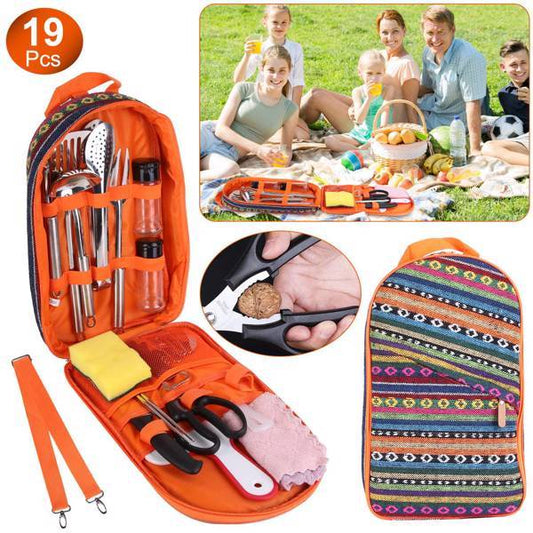 19-Piece Camping Cookware Set with Portable Organizer – Outdoor Cooking Utensils for RV Camping, BBQ, and Picnics