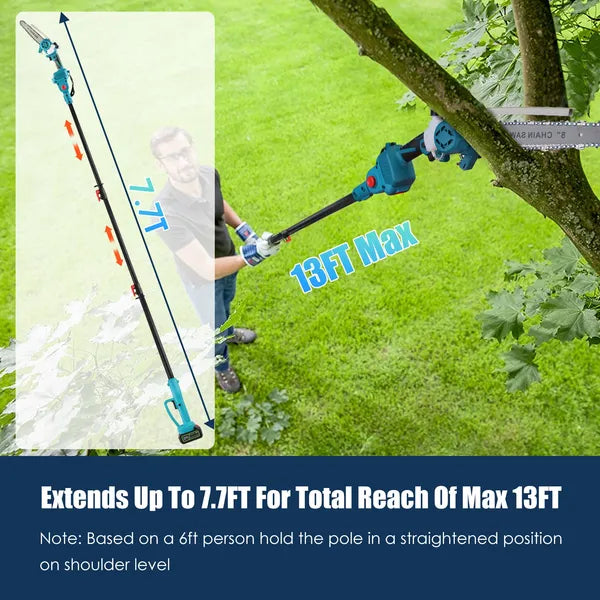 2-IN-1 Cordless Pole Saw And Mini Chainsaw With Extension Pole 21V Battery 8' Electric Brushless Pole Chainsaw With Auto Oiler Safety Switch 6.4LBS Lightweight For Tree Trimming
