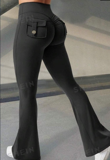 Wide Waistband High Stretch Pocket Scrunch Butt Booty Workout Lifting Athletic Gym Flare Leg Leggings Cargo Pants ShopWithASmile7.com