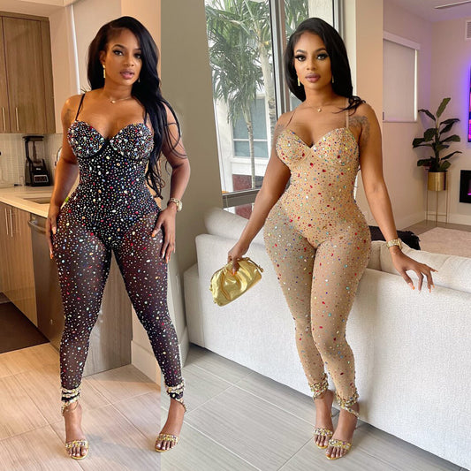 Women's Pure Color Mesh Rhinestone Pants Jumpsuit ShopWithASmile7.com