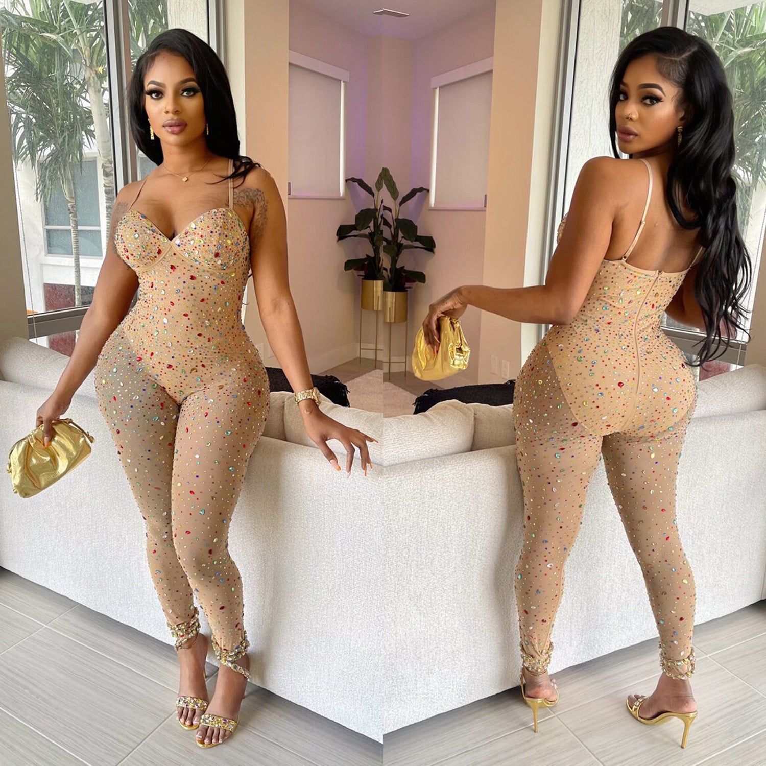 Women's Pure Color Mesh Rhinestone Pants Jumpsuit ShopWithASmile7.com
