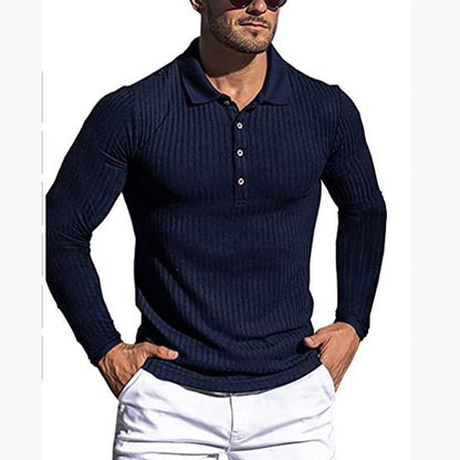 Men's Running Sports Fitness High Stretch Striped Long Sleeve POLO Shirt