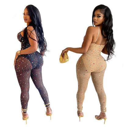 Women's Pure Color Mesh Rhinestone Pants Jumpsuit ShopWithASmile7.com