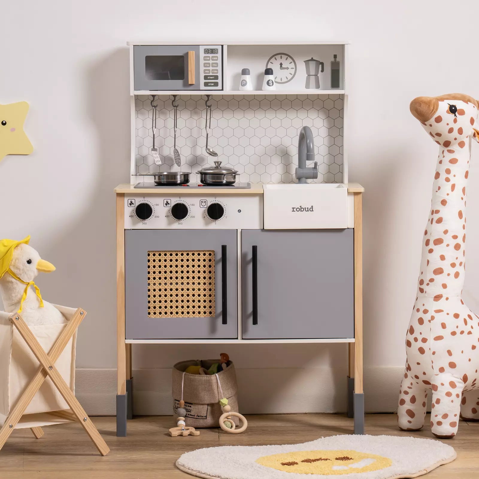 ROBOTIME DIY Pretend Play Kitchen Cooking Toy Set Gift For Boys And Girls Gray ShopWithASmile7.com