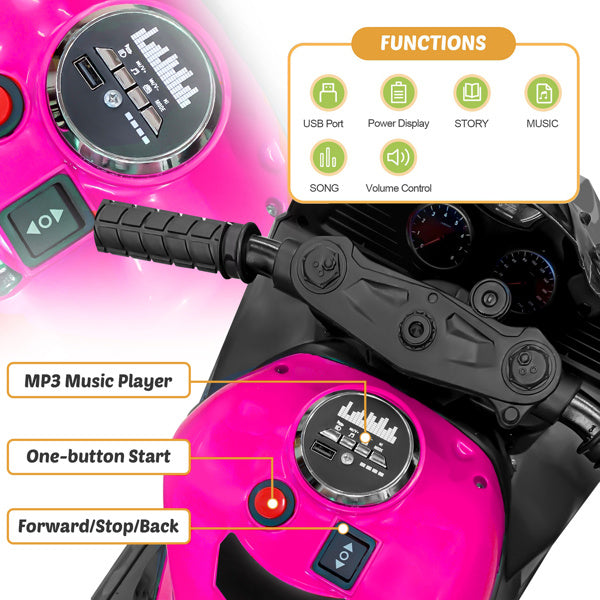 12V Electric Motorcycle For Kids - One-key Start, LED Tire, Forward and Backward, Mp3 Tuner, Bluetooth Music, with Usb Function, Rear Shock ShopWithASmile.com