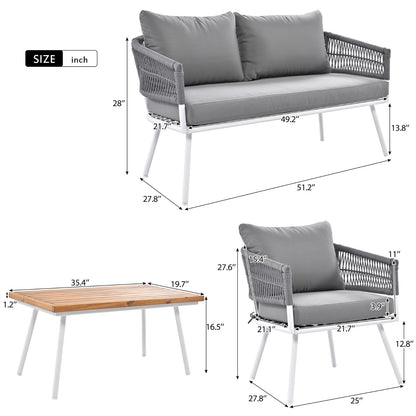 K&K 4-Piece Boho Rope Patio Furniture Set, Outdoor Furniture With Acacia Wood Table, Patio Conversat