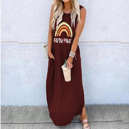 Women's Round Neck Short Sleeve Loose Mid Length Dress
