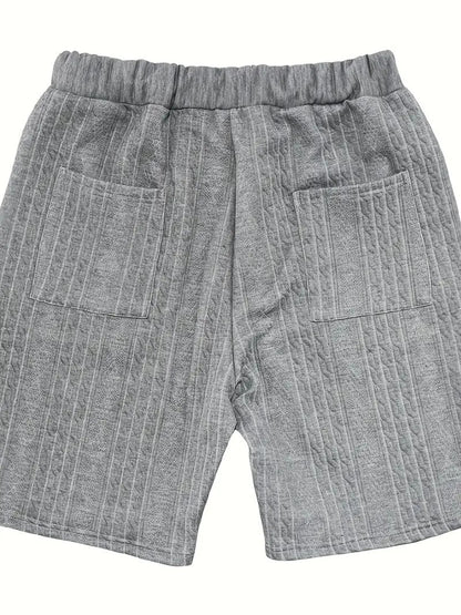 2pcs Men's Jacquard Solid Short Sleeve V Neck Shirt & Matching Drawstring Shorts Set, Summer Leisure Clothing ShopWithASmile7.com