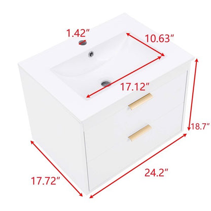 24 Inches Floating Wall-Hung Bathroom Vanity With White Ceramic Sink And Drawer Storage - No Mirror, No Faucet