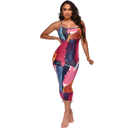 Fashion Sexy Digital Print Tight Strap Dress