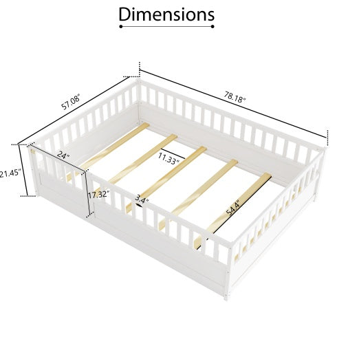 Full Size Floor Bed, Integral Construction With Super High Security Barrier, Door, Children's Floor Bed Frame, Montessori Wooden Children's Floor Bed, Support Slat White