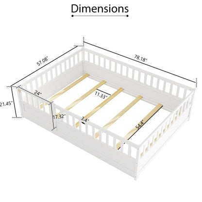 Full Size Floor Bed, Integral Construction With Super High Security Barrier, Door, Children's Floor Bed Frame, Montessori Wooden Children's Floor Bed, Support Slat White
