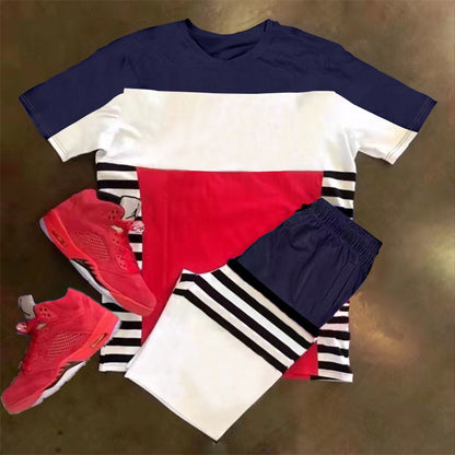 Men's Short Sleeve Sports Casual Fashion Striped Colorblock Suit