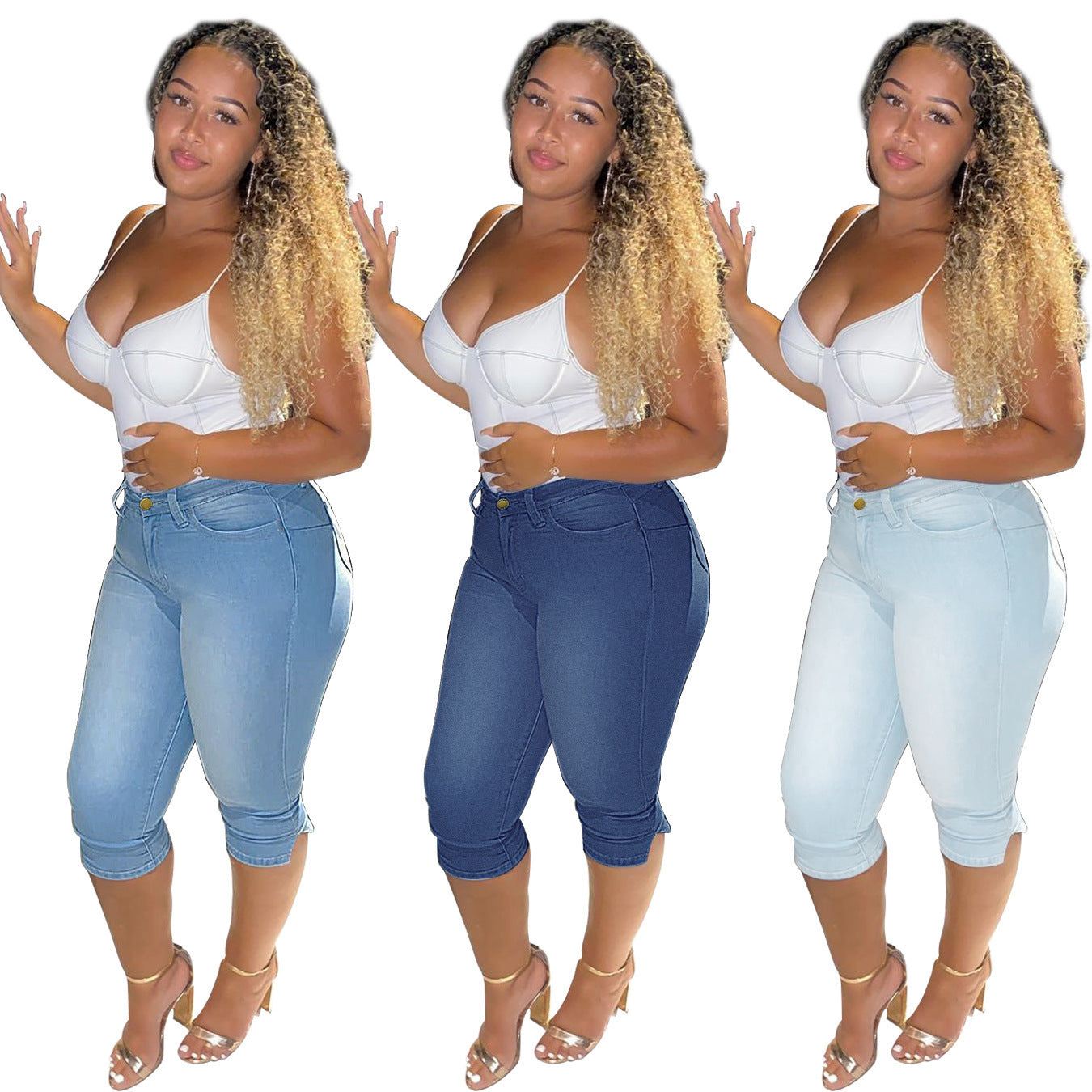 Women's Fashion Solid Color High Waist Slim Denim Cropped Pants