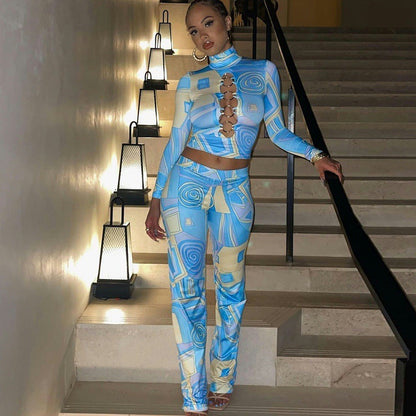 Printed Hollow Long Sleeved Top Slim Trousers Suit