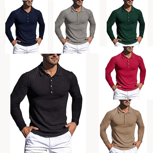 Men's Running Sports Fitness High Stretch Striped Long Sleeve POLO Shirt
