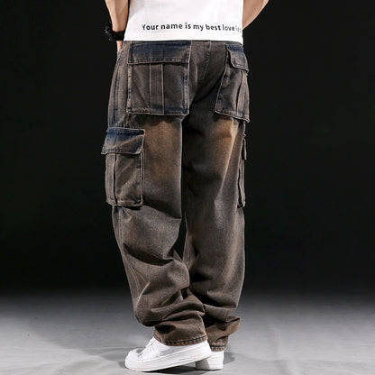 American Multi-pocket Workwear Jeans Men's Wide Leg Loose Plus Size ShopWithASmile.com