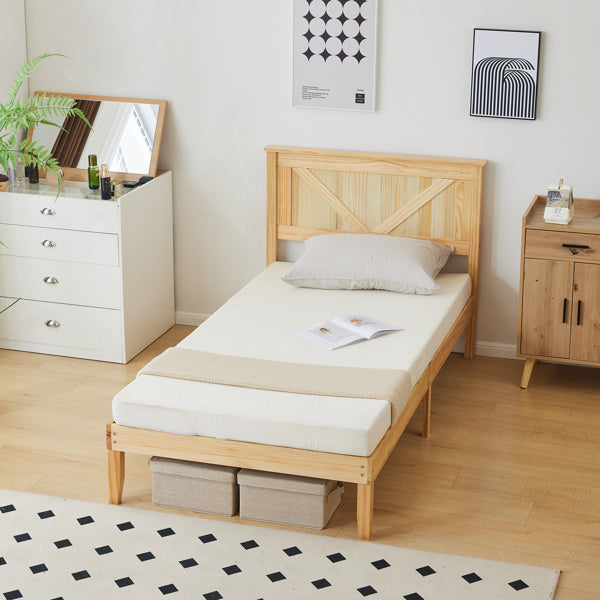 Slanted Headboard, No Footrest, Twin Wooden Bed In Natural Wood Color