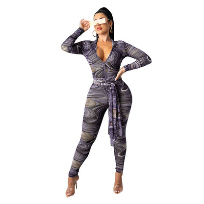 Printed Sexy Nightclub Long-Sleeved Mesh See-Through Jumpsuit