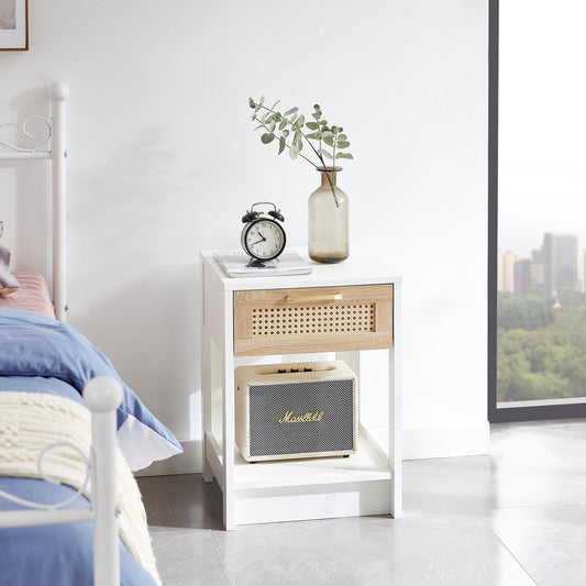 15.75-Inch Rattan Side Table with Drawers – Modern Bedside Table for Living Room or Bedroom, White