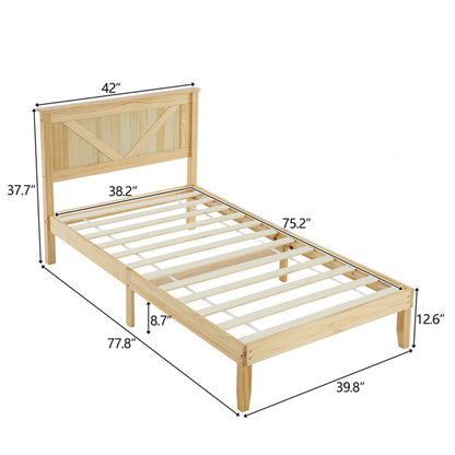 Slanted Headboard, No Footrest, Twin Wooden Bed In Natural Wood Color
