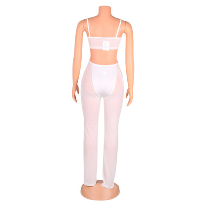 Sexy Mesh See-Through Suspenders Flared Pants