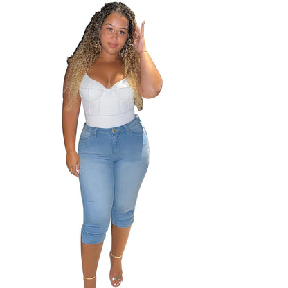 Women's Fashion Solid Color High Waist Slim Denim Cropped Pants
