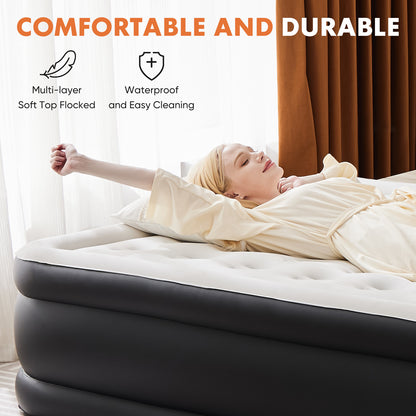 18-Inch Inflatable Mattress Air Bed with Built-In Pump – Twin & Queen Sizes, Comfortable Flocking Top, Portable & Durable for Camping, Travel, or Home Use