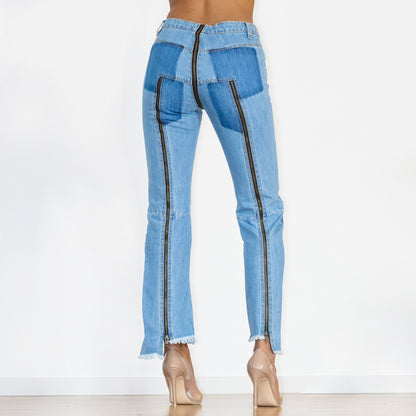 Shascullfites Women Split Straight Jeans Women Club Dancing Pants Light Blue Denim Pants Slim Fit Zipper Jeans