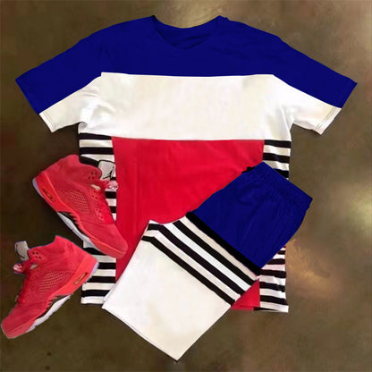 Men's Short Sleeve Sports Casual Fashion Striped Colorblock Suit