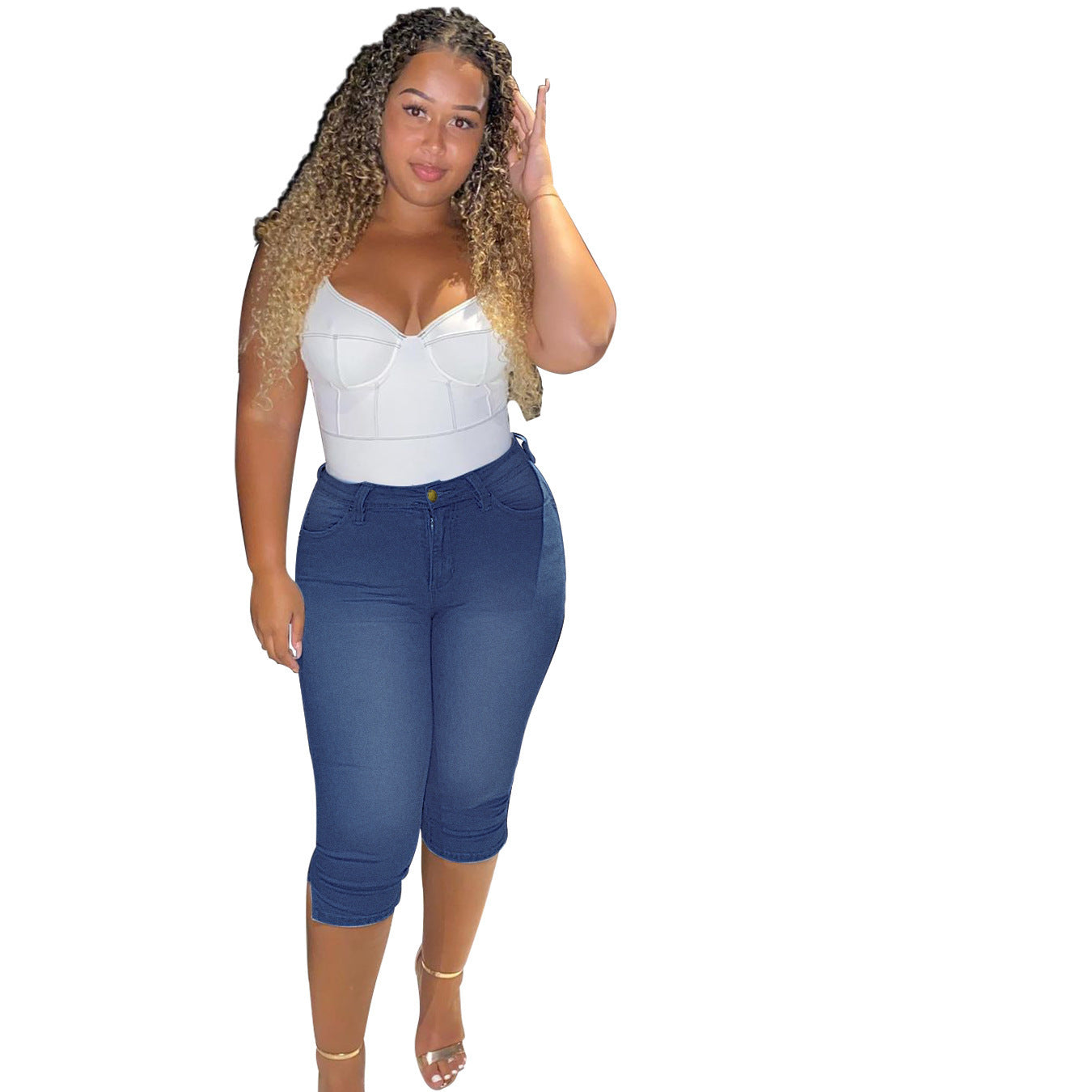 Women's Fashion Solid Color High Waist Slim Denim Cropped Pants