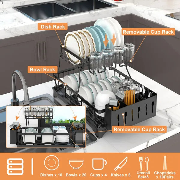 Dish Drying Rack With Drainboard Detachable 2-Tier Dish Rack Drainer Organizer Set With Utensil Holder Cup Rack Swivel Spout For Kitchen Counter