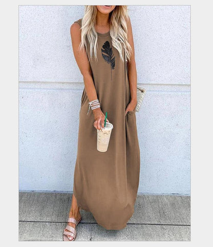 Women's Round Neck Short Sleeve Loose Mid Length Dress