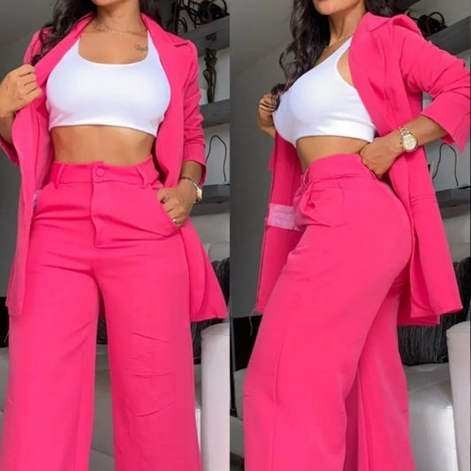Plain Color Sleeve Lapel Suit Pocket Straight-leg Pants Suit ShopWithASmile7.com