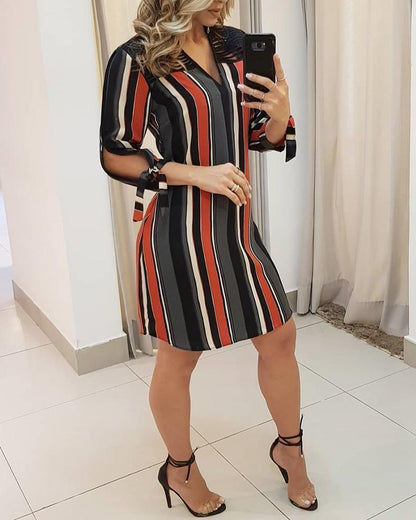 Women's Retro Ladies Cutting Bandage Hit Color Striped Shirt Dress