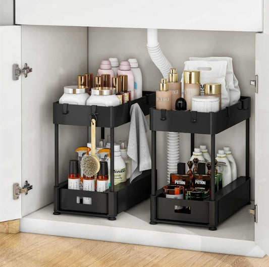 2PC Under Sink Organizer Rack 2 Tier Under Sliding Cabinet Basket Organizer Drawer With 4 Hooks, Multi-purpose Under Sink Storage For Bathroom Kitchen Desktop Black