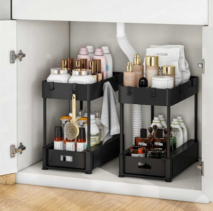 2PC Under Sink Organizer Rack 2 Tier Under Sliding Cabinet Basket Organizer Drawer With 4 Hooks, Multi-purpose Under Sink Storage For Bathroom Kitchen Desktop Black