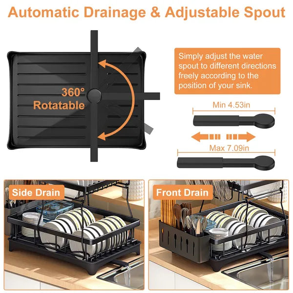 Dish Drying Rack With Drainboard Detachable 2-Tier Dish Rack Drainer Organizer Set With Utensil Holder Cup Rack Swivel Spout For Kitchen Counter