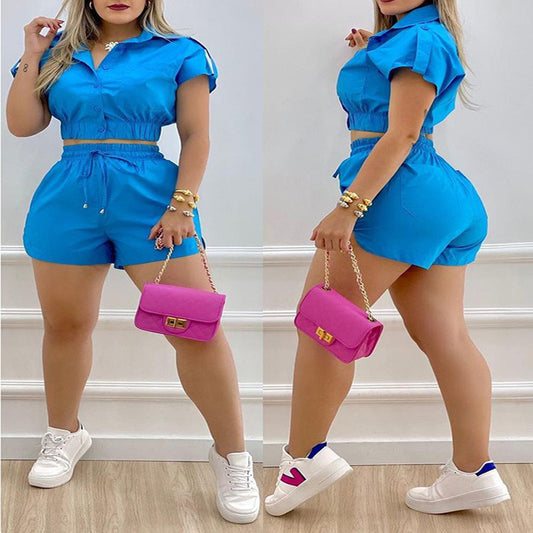 Women's Casual Fashion Solid Color Short Sleeve Button Suit