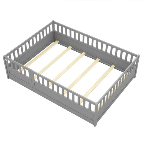 Full Size Floor Bed, Integral Construction With Super High Security Barrier, Door, Children's Floor Bed Frame, Montessori Wooden Children's Floor Bed, Support Slat White