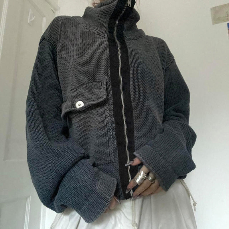 Women's Workwear Stand Collar Contrast Knitted Knit Jacket