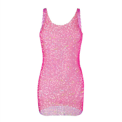 Women's Light Diamond Fishnet Sequined Sexy Hollow-out Camisole Dress