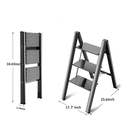 3 Step Ladder Aluminum Light Folding Step Bench Wide Non Slip Pedal 300 Lb Capacity Home Office Portable Ladder Black