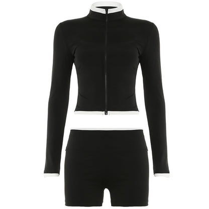 American Street Workout Clothes Suit Zipper Cardigan Long Sleeve Top Suspender Shorts ShopWithASmile.com
